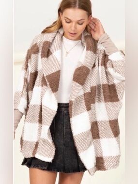 🤎New Taupe Ivory Plaid Ultra Comfy Teddy Sherpa Open Cardigan Hooded Coat🤎